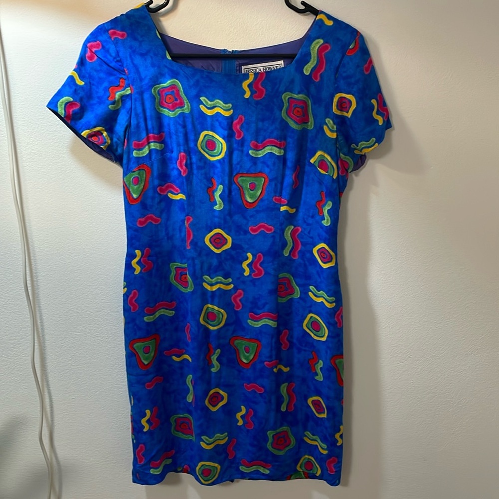 80s mini dress with blue, pink, green, and yellow abstract print